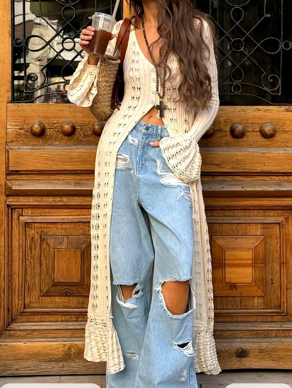 Cream Knit Button-Front Maxi Cardigan